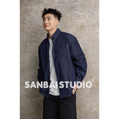 SANBAI叁佰靛蓝鱼骨纹牛仔衬衫