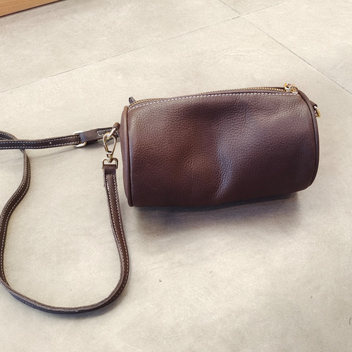 森系圆筒头层牛皮迷你手机单肩包