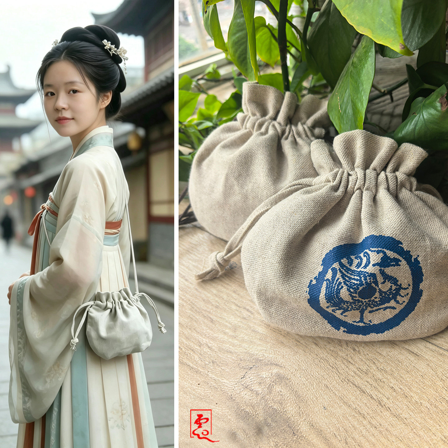 古风原创棉麻小荷包香囊汉服配饰国风肩背斜挎手拎瓦当朱雀纹百搭