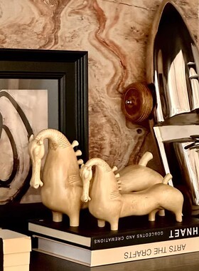 中古侘寂双骏呈祥书柜马摆件