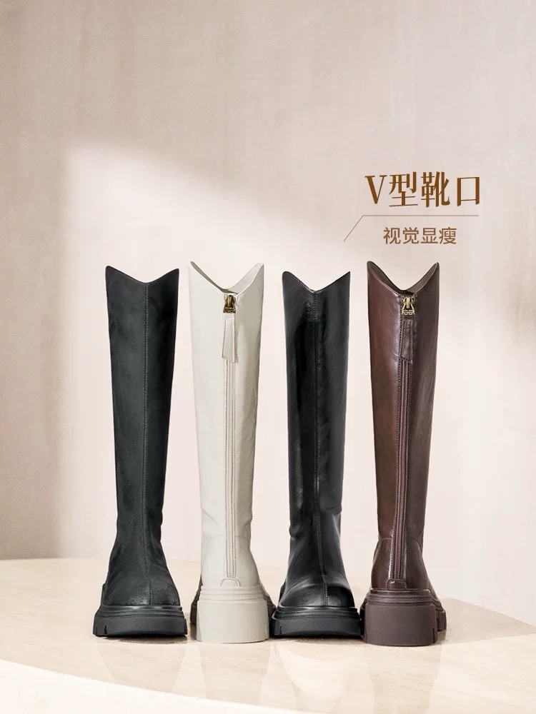 25冬季新款牛皮面料厚底增高骑士靴女款长筒靴防滑橡胶底易穿脱