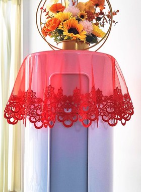 大红色喜庆圆柱形客厅空调防尘罩结婚庆J蕾丝立柜式落地万能盖巾