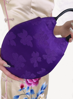 华传雨桑蚕丝手提包圆形琵琶包紫色提花设计新中式汉服旗袍