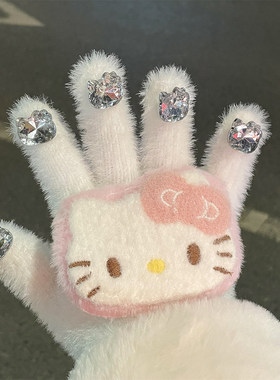手套女生冬可爱针织美甲手套带钻加绒骑行防寒专用滑雪毛绒开车
