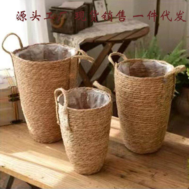 北欧草编织花篮大号花瓶摆件客厅插花满天星乾燥花现代麻绳藤编花
