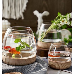 简约花瓶木托缸玻璃艺术办公室桌面摆件鱼花共养小型创意生态鱼瓶