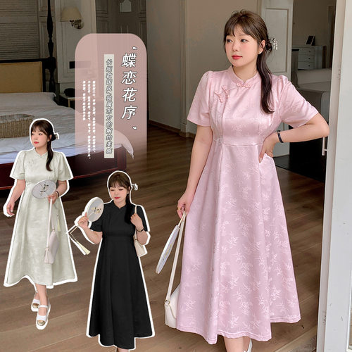 W1079轩辰女微胖新中式改良版国风纯色长短款高腰 立领提花连衣裙