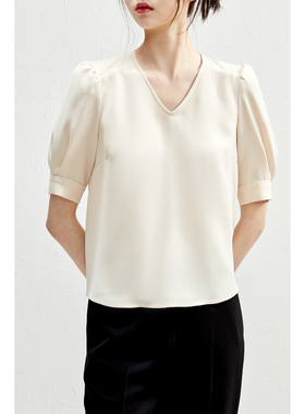 【CY0521770】夏季新品 三醋酸泡泡袖V领衬衫女短袖极简百搭小衫