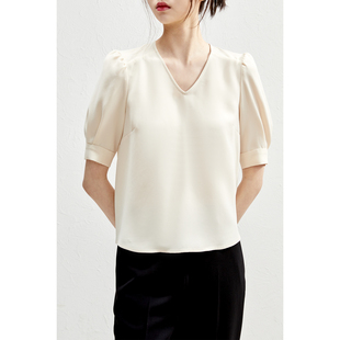 【CY0521770】夏季新品 三醋酸泡泡袖V领衬衫女短袖极简百搭小衫