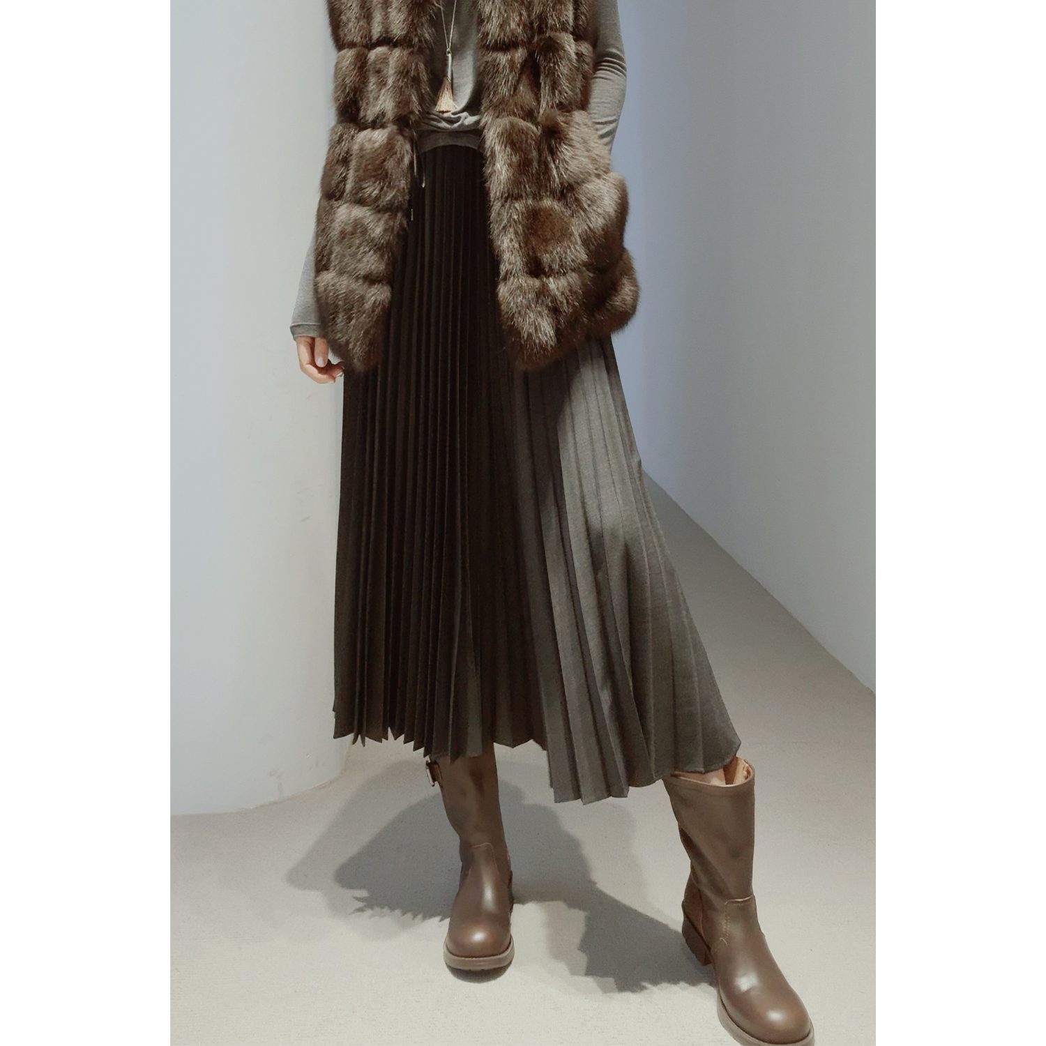 万搭必入!25秋冬【*禾同款/羊毛舒弹/夹花色】显瘦百褶/中长半裙