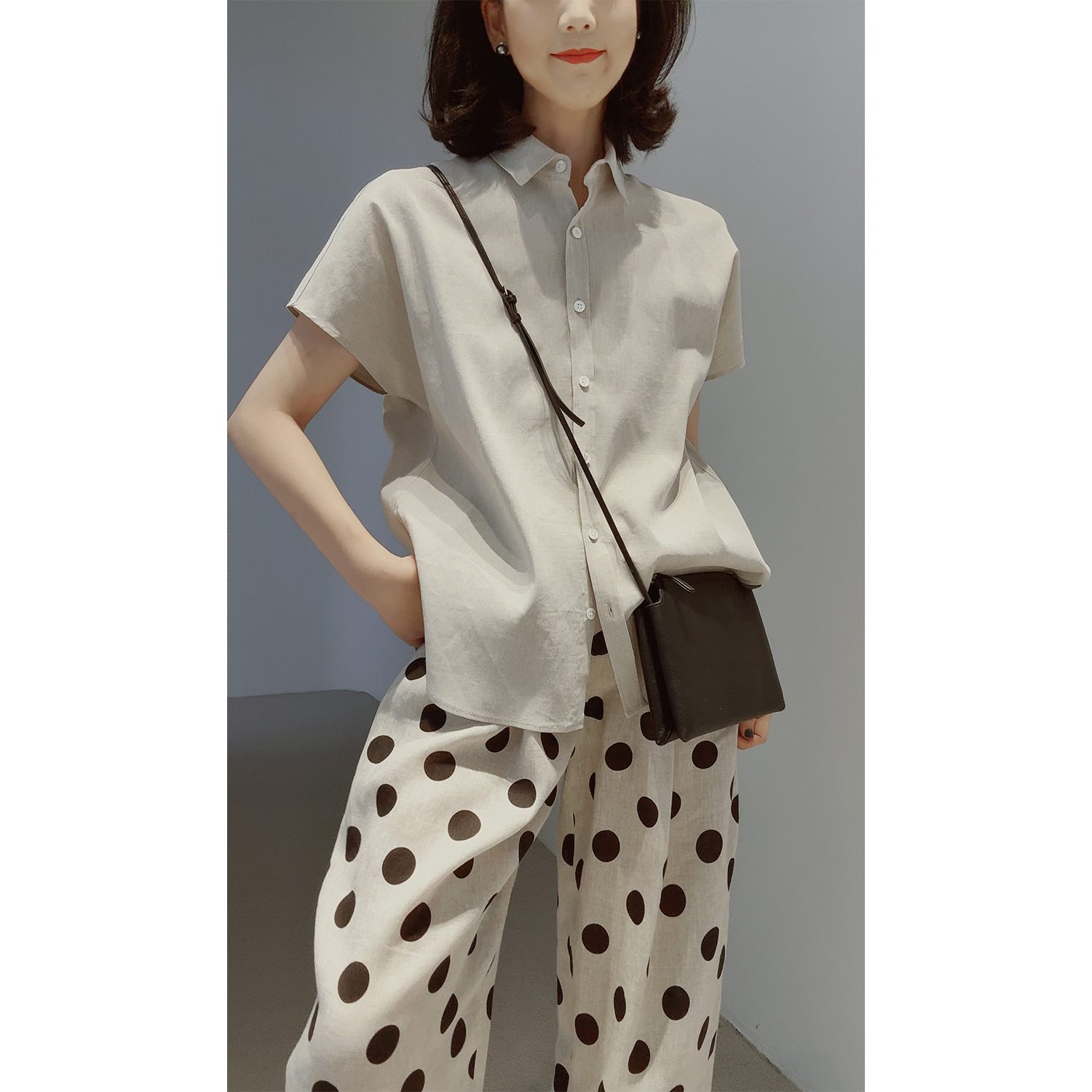 老錢風意大利彈力亞麻蝙蝠袖襯衫