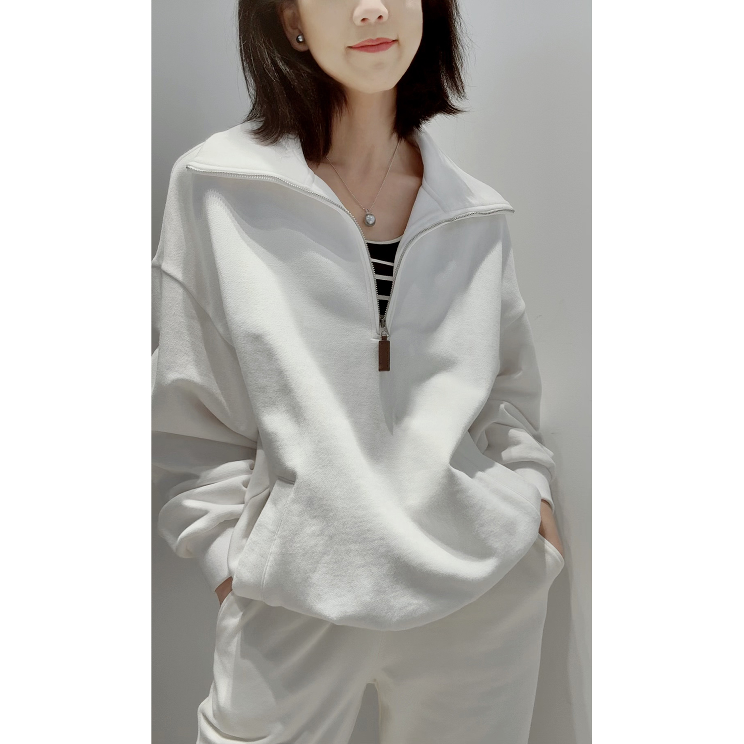 戎美 舒弹透气【日本塬产/高克重/高密长绒棉】时髦皮袢拉链卫衣