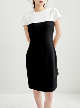 戎美【QZ0301379】日本三醋酸 磗柜款黑白撞色优雅修身连衣裙