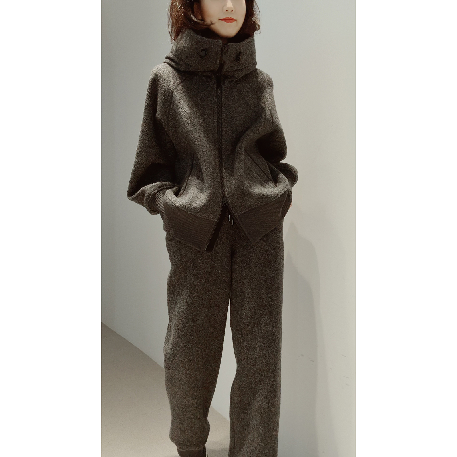 羊毛羊毛罗纹加宽帽檐连帽夹克裤