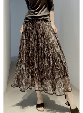 戎美 风吹波浪轻飘裙 旧时光印花松紧腰大摆中长半身裙女26春