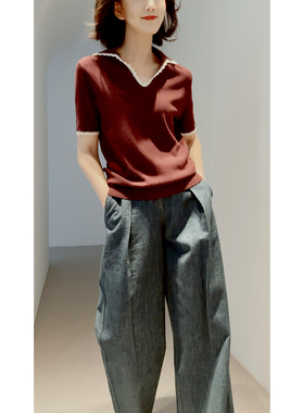 26春~调香毕加索【100长绒棉/双织法/撞色手钩花边】小翻领针织衫