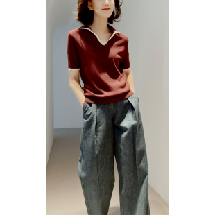 调香毕加索 小翻领针织衫 100长绒棉 撞色手钩花边 双织法 26春