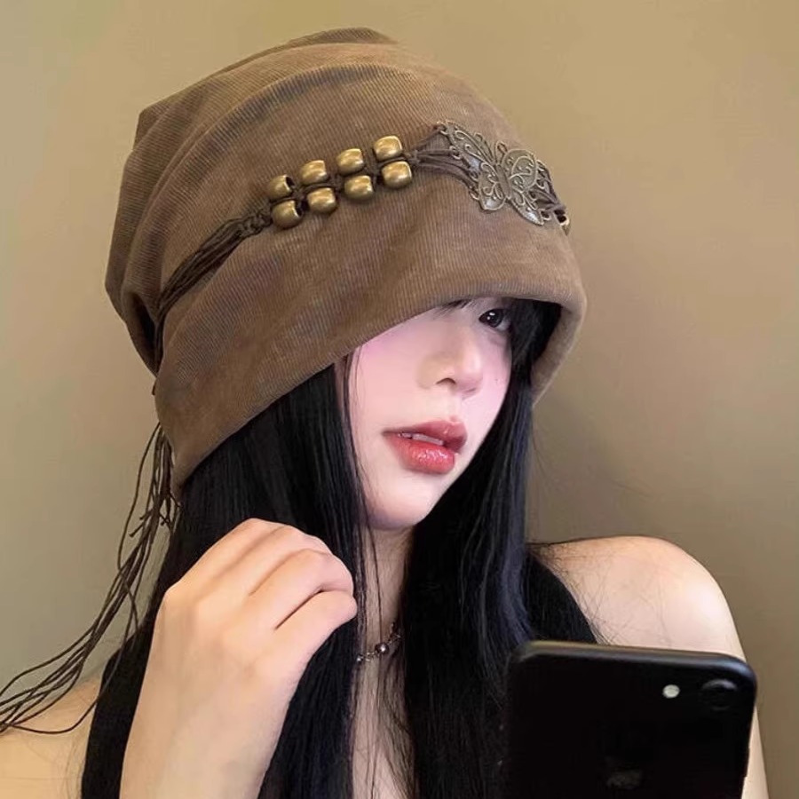 扎染流苏串珠冷帽女春秋季复古