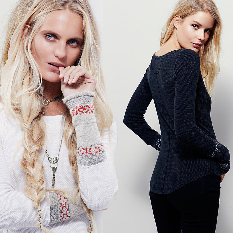 特价清仓卖fp波西米亚民族风复古提花袖口弹力修身显瘦长袖T恤女