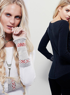 特价清仓卖fp波西米亚民族风复古提花袖口弹力修身显瘦长袖T恤女