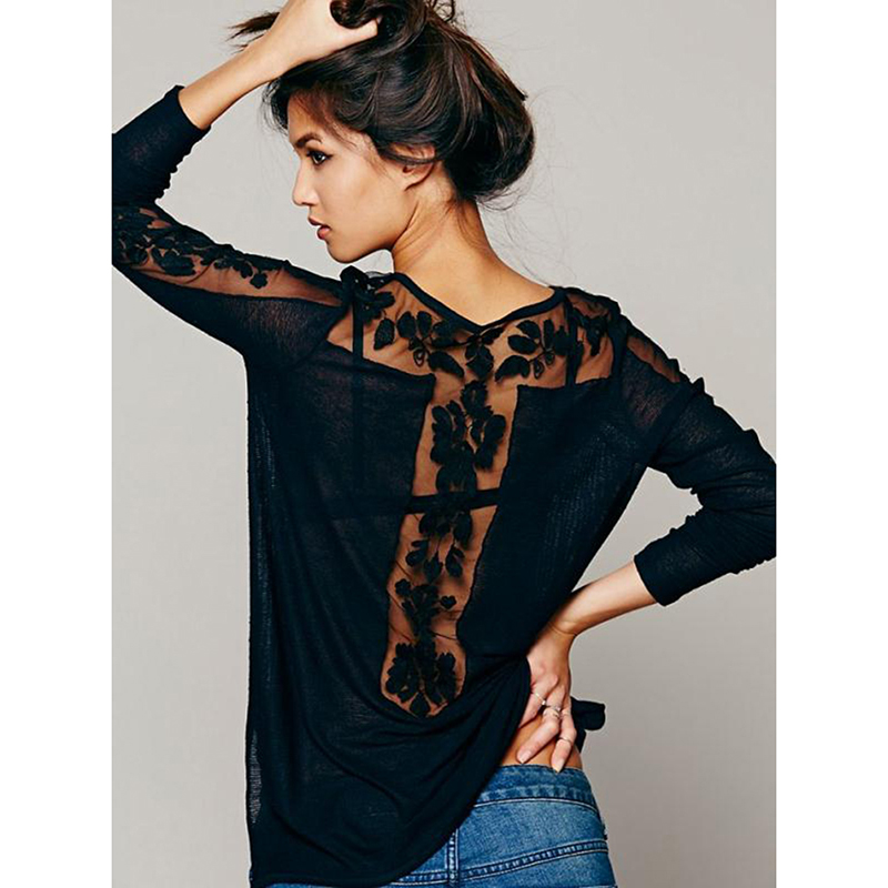 绣花上衣宽松黑色性感蕾丝T恤
