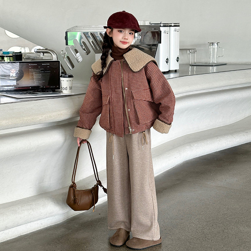 女童加绒翻领外套韩范格子阔腿裤两件套装2025冬季时尚淑女风棉服,童装/婴儿装/亲子装,套装,淘宝优惠券,粉丝福利购,淘宝优惠卷