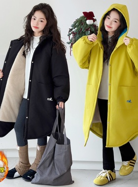 女童加绒加厚外套棉服2026新款中大儿童加长韩式连帽冬季棉风衣潮
