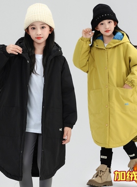 童装女童冬装2025新款中大儿童长款加厚风衣外套女孩纯色韩版棉服