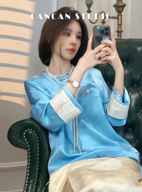 CANCAN STUDIO【幽月】新中式原创设计圆领花萝上衣G824C002