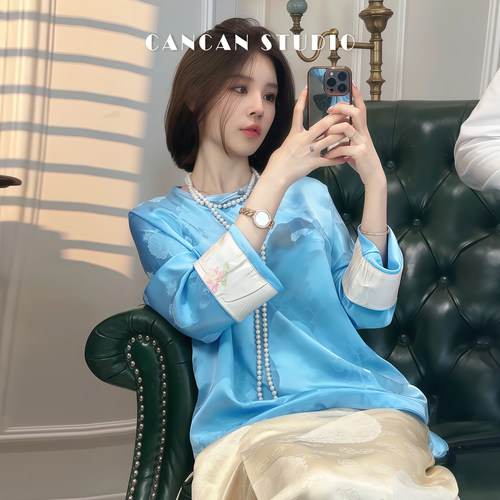 CAN春季新款新中式圆领花萝上衣