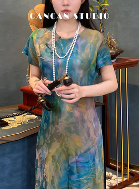 CANCAN STUDIO【幻彩山河】新中式原创设计短袖连衣裙G333015