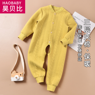 内衣开裆大码 宝宝三层夹棉连体衣婴儿保暖哈衣秋冬款 外穿加厚款