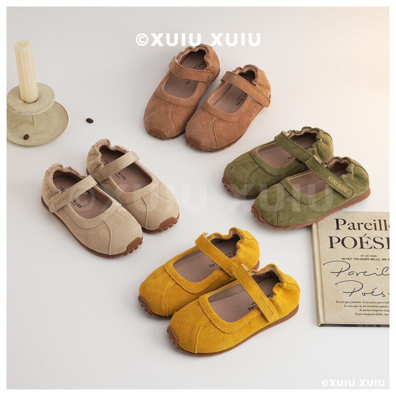 春秋女童褶皱牛皮绒儿童芭蕾皮鞋