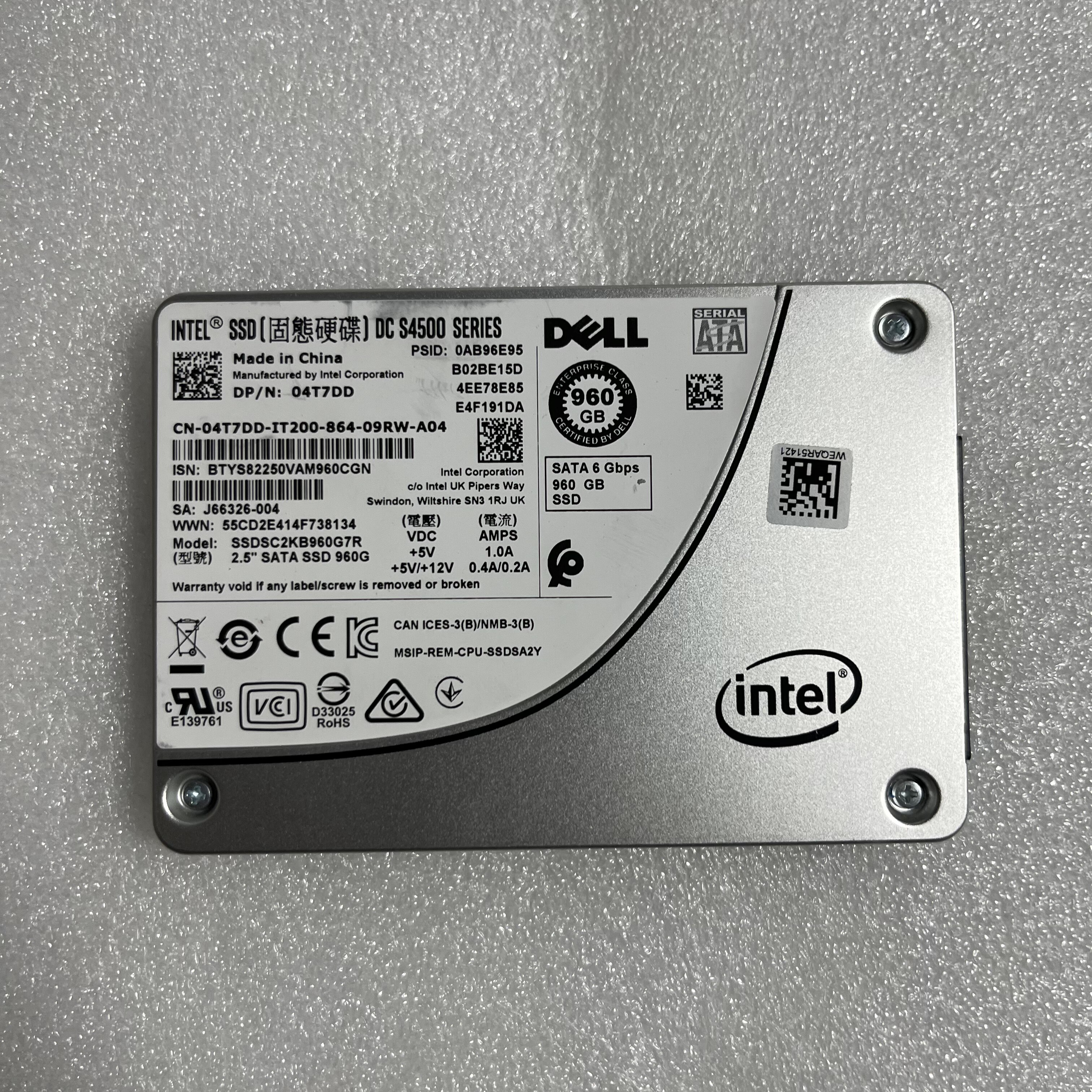 戴尔/DELL 960G SSD SATA 04T7DD SSDSC2KB960G7R S4500固态硬盘