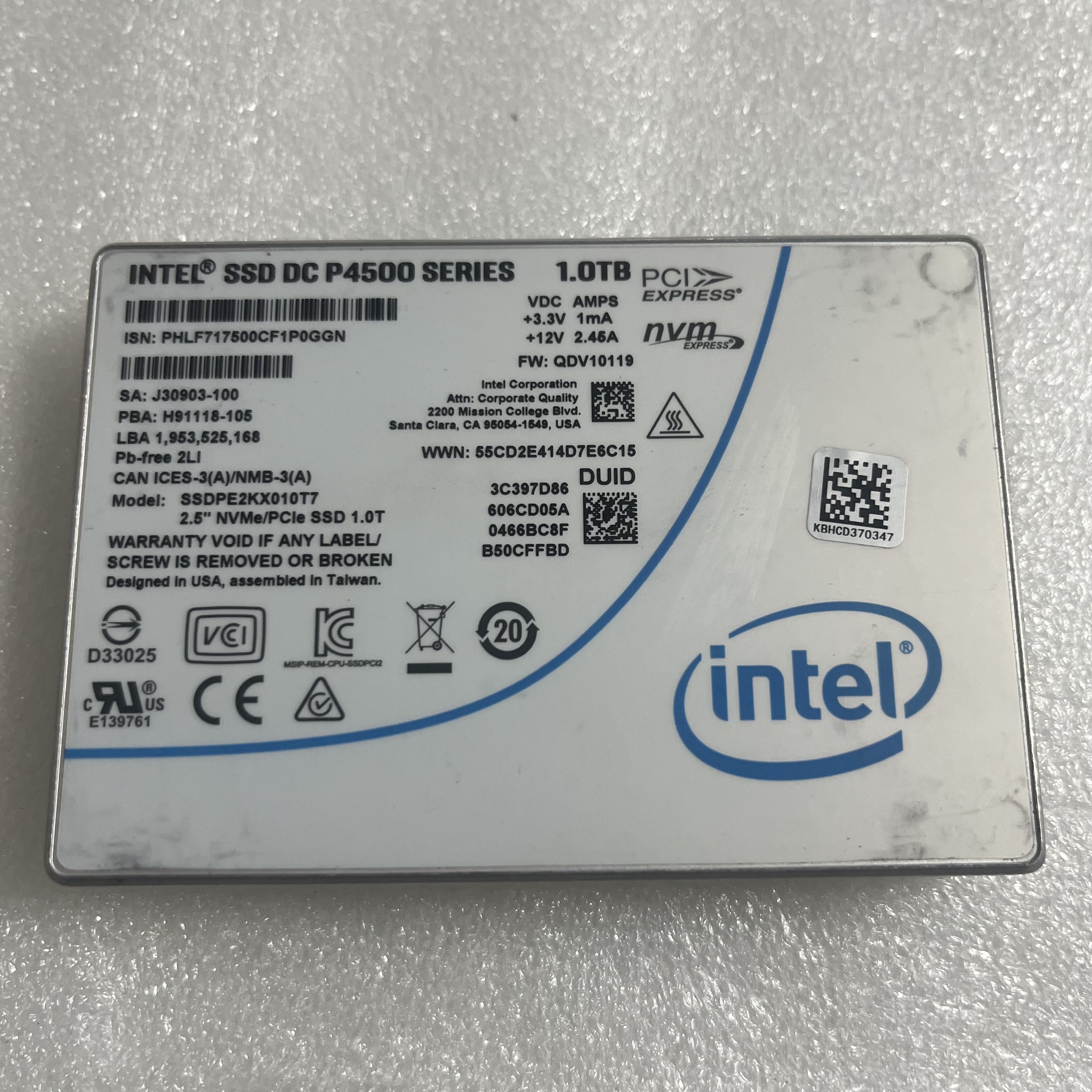 Inter/英特尔 P4500 1T U2 SSDPE2KX010T7 固态硬盘 拆机盘 SSD