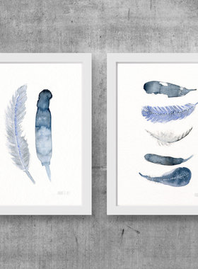 蓝色羽毛 水彩晕染插画艺术印画 TheClayPlay 现代简约旁白装饰画