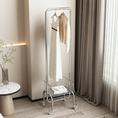 不锈钢落地衣帽架带篮子可移动