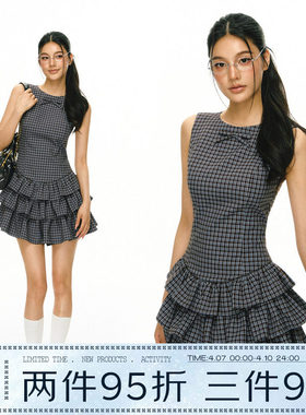 Ariseism 美式复古格纹staycation无袖连衣裙女夏季新款裙子