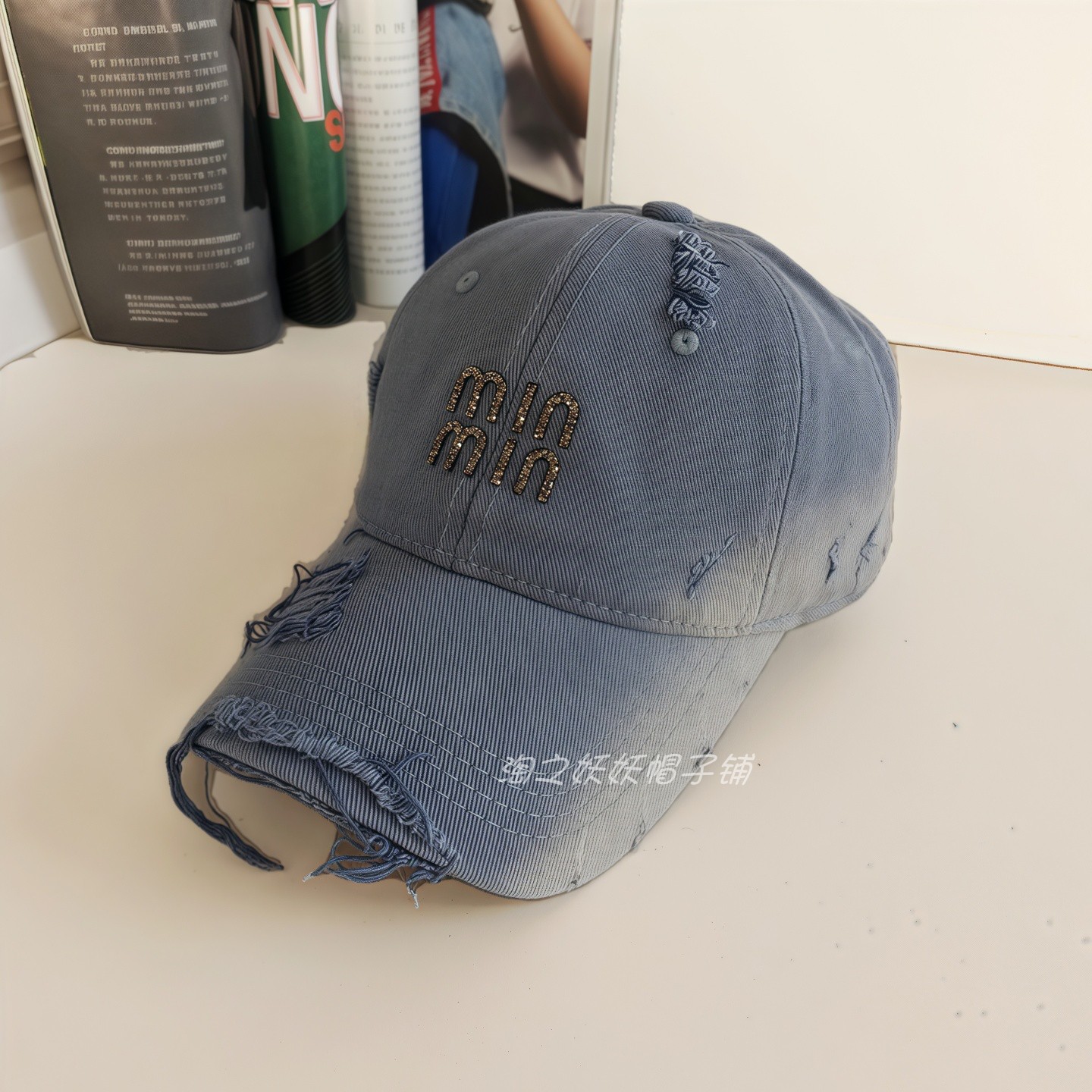 牛仔鸭舌帽时尚水钻min韩版破洞遮阳百搭休闲帽子小香棒球帽女25