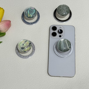 ins水晶球简约情侣适用手机壳带磁吸支架气囊通用非粘贴可拆卸架