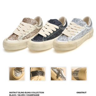 BLING 厚底增高板鞋 闪钻亮片 做旧脏脏鞋 黑金银色 MATNUT