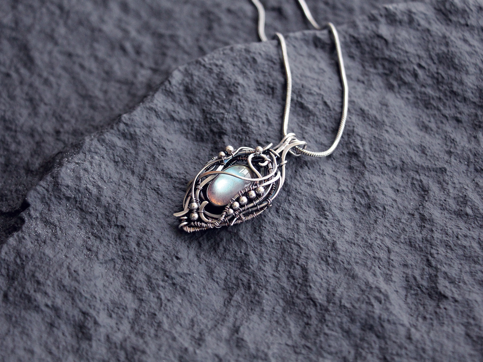 原创设计款拉长石纯银绕线项链