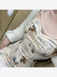 新中式 秋冬温柔复古水墨碎花丝绒吊带裙收腰小众设计感连衣裙长
