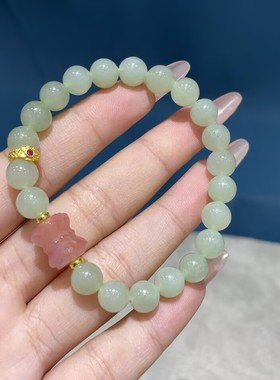 玉阅珠宝和田玉加盐源双莲花手串