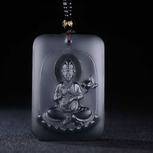 新疆和田玉青玉观音手持莲花山水玉牌项坠双面雕刻玉坠男款吊坠