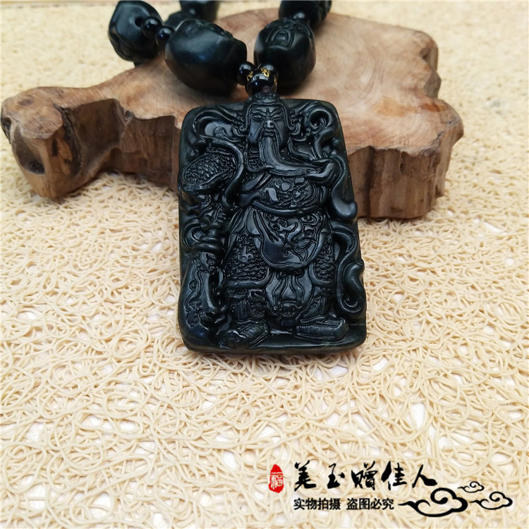 原创和田玉墨绿玉精雕墨绿玉十八罗汉墨玉关公牌关公吊坠男士