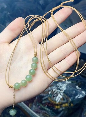 天然和田玉绿色细绳圆珠项链女款