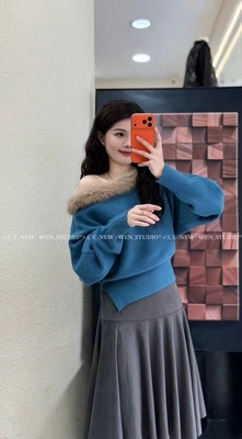 2026秋冬新款韩版宽松显瘦百搭一字肩长袖针织衫女上衣毛衣9540
