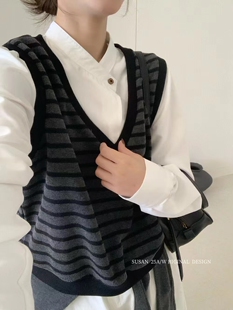 坎肩背心上衣 宽松显瘦百搭条纹针织马甲女无袖 2025秋冬新款 韩版