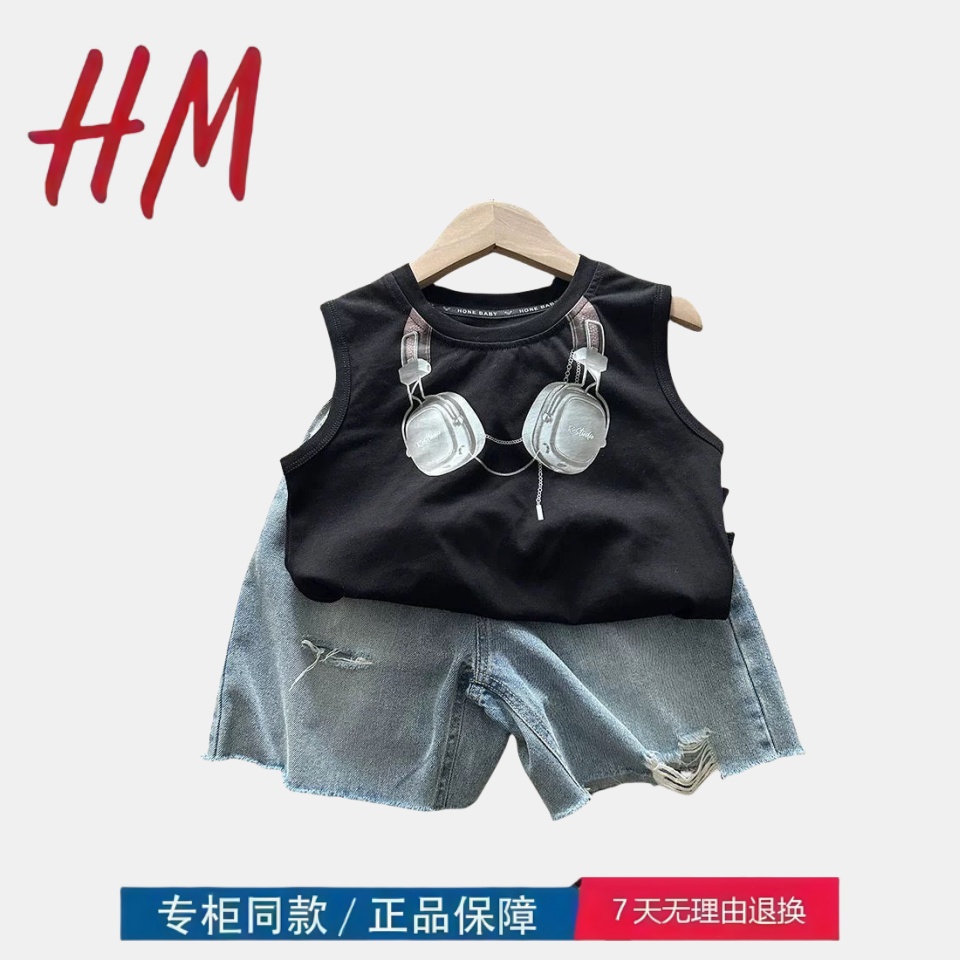 三折品牌清仓撤柜男童卡通耳机印花无袖T恤纯棉宝宝休闲韩版痞帅
